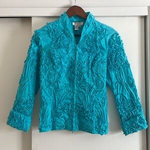 D&Y turquoise 3D floral zip up jacket, size small